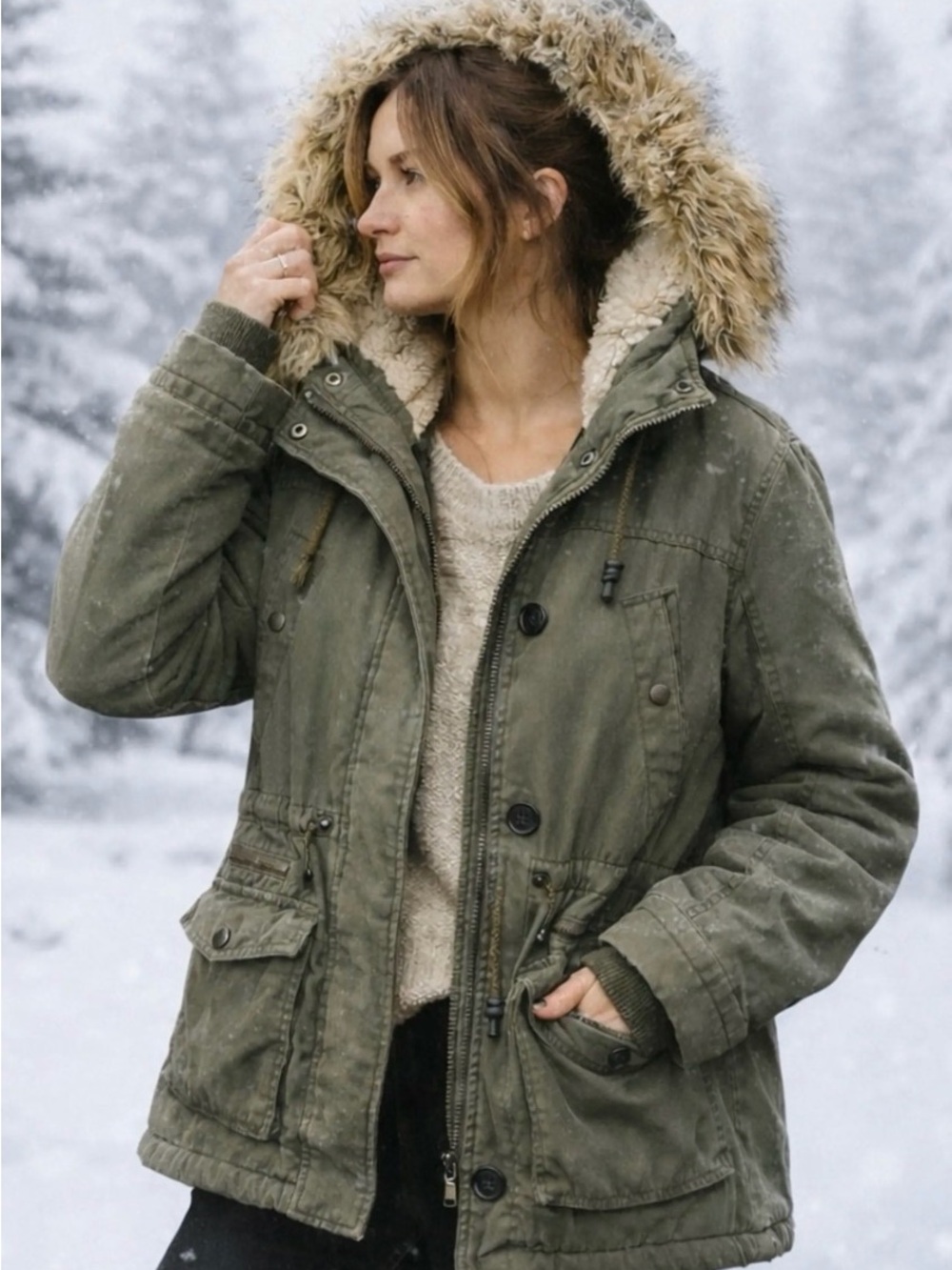 Small • universal thread Women's Olive Green Parka Jacket with Faux Fur Hood
